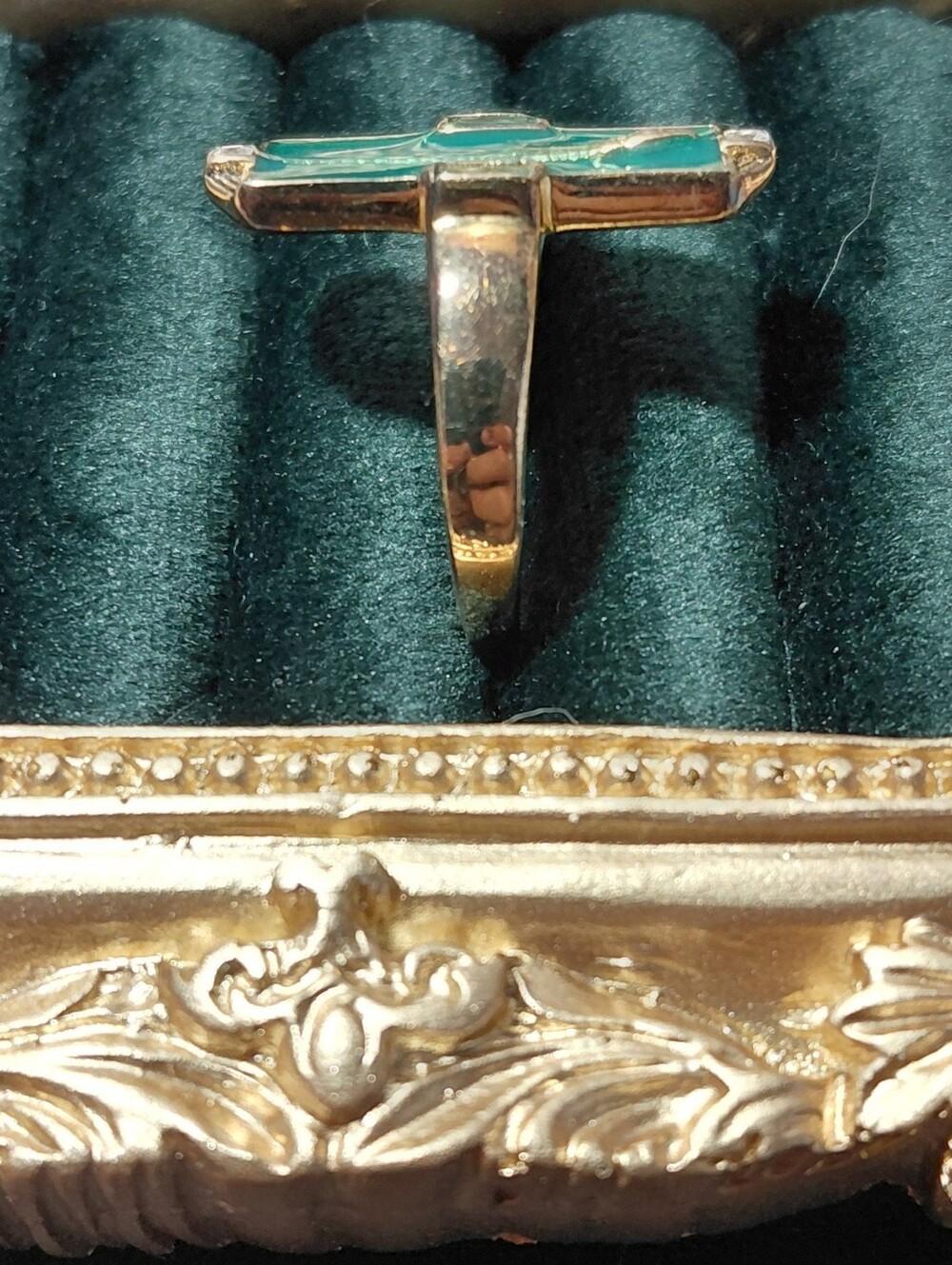 Gold Ring with Turquoise Green Inlay and Cross Accent - Picture 8 of 14